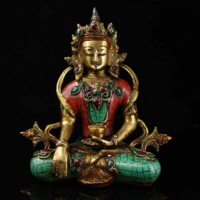 8'' tibetan bronze copper inlay turquoise Gem buddhism Sakyamuni Bhaisajyaguru Foto 1 de 4