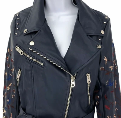 Chaqueta de moto de cuero sintético para mujer talla S floral bordada azul diseño laboratorio Foto 1 de 4