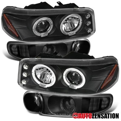 Fit 1999-2006 GMC Sierra Yukon Black LED Halo Projector Headlights+Bumper Signal Foto 1 de 4