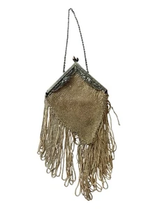 Antique Art Deco Floral Gold Filigree Frame Copper Bead Long Fringe Lined Purse - Picture 1 of 22