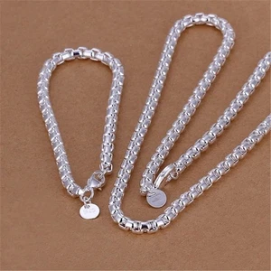 925 Sterling Silver 4mm Round Box Chain Necklace Bracelet Set For Women Men - Picture 1 of 6