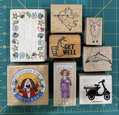 8 estampillas de goma montadas en madera.  Marcas mixtas, tema divertido/divertido. 4 sin usar Foto 1 de 4