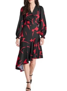 DKNY by Donna Karan Surplice V-Neck Long Balloon Sleeve Asymmetrical Hem Dress 4 - Picture 1 of 3