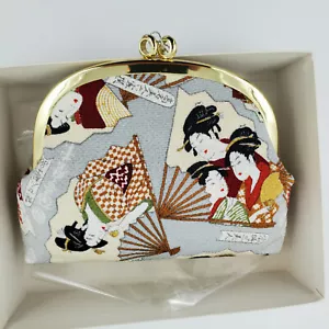 Vintage Japanese Gray Fabric Geisha Fans Clam Clutch Bag Kiss Closure Orig Tag - Picture 1 of 9