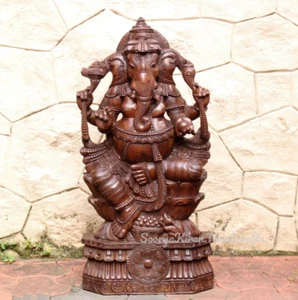 Ganesha Statue Large Wooden Sculpture Vintage Carving Hindu Home Garden Decor - Picture 1 of 8