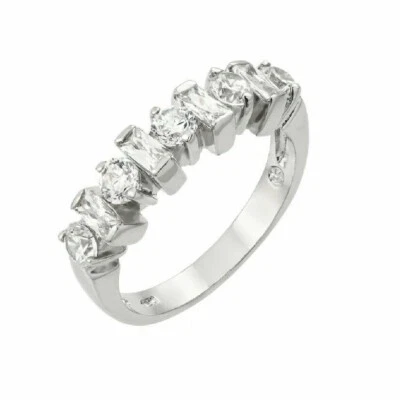 Da Donna Argento Sterling Anello W/ 4 MM (0.25 KT) Rotondo & 4 Baguette Taglio - Immagine 1 di 2