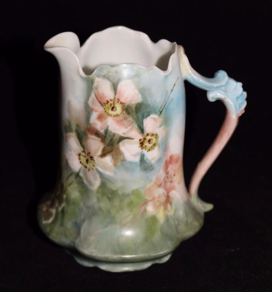 Hand Painted Porcelain Creamer by Sevres Signed Elizabeth '99 Pink White Flowers - Image 1 of 1