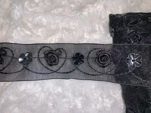 5 yards black organza sewing trim satin ribbon roses flower sequins 1.5" wide - Picture 1 of 2