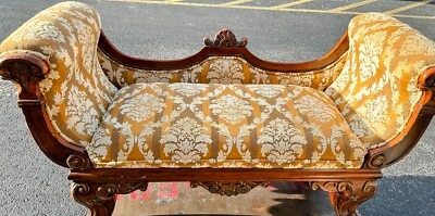 Solid Wood French Style Vintage Settee With Gold Damask Fabirc Low Back  - Image 1 of 4