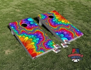 Colorful Hippie Retro Flowers Cornhole Board Vinyl Wrap Laminated Sticker Set - Picture 1 of 5