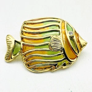 Vintage Emaille Fisch Brosche grün gelb orange goldfarben maritim Anstecknadel Strass - Bild 1 von 6