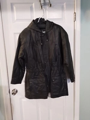 K.C Collections Women's Large L Black Leather Jacket Hip Length Zip Down  - Image 1 of 4