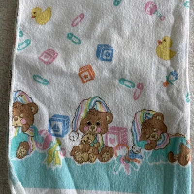 Teddy Bear Flannel Riegel Receiving Baby Blanket Blocks Duck Vintage 30" x 40" - Image 1 of 4