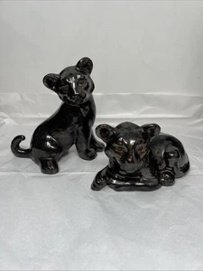 2 Vintage Ceramic Hand Painted Tiger Cubs Cats Brown Decor Figures Dark Brown - Picture 1 of 23