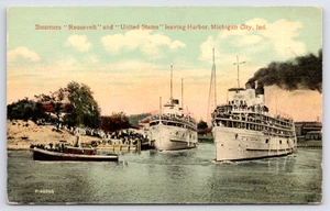 1910s Michigan City IN - Steamers Roosevelt & United States Harbor - cartolina UNP - Foto 1 di 2