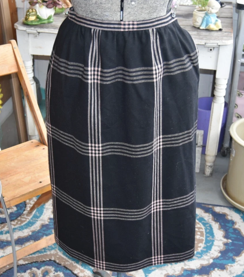 Falda Weathervane Vintage Años 60 Lana Pura Cuadros - Negra y Rosa Hecha en EE. UU. Pequeña Foto 1 de 4