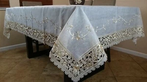 Polyester Fabric Organza Rectangle Embroidery Tablecloth Beige Gold 72x90"  - Picture 1 of 4