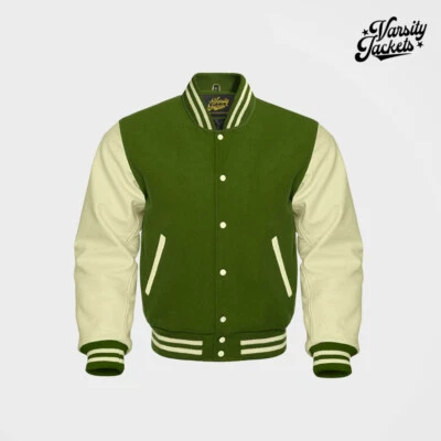 Chaqueta universitaria profesional manga crema cuerpo verde Letterman béisbol bombardero universitario Foto 1 de 4
