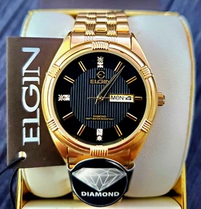 Rare Elgin Lord Real Diamond Dial Dress Watch NOS Box Papers - Picture 1 of 10