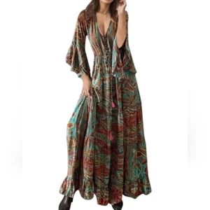 Noracora Women's Casual Long Sleeve Floral Print V Neck Maxi Dress Size L NWT - Picture 1 of 14