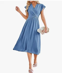 Small Women’s Ruffle Chiffon Empire Waist Elastic V-Neck A-Line Midi Dress New! - Picture 1 of 8
