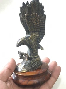 Vintage Old 1920's Handmade Brass Flying Eagle Figurine Statue On Wooden Base - Picture 1 of 7