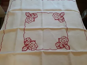 Handcrafted Red Cross Stitched 34" Square Bridge Cloth & 4 10" Napkins - Picture 1 of 5
