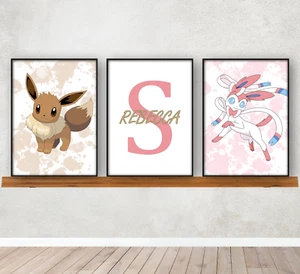 Juego personalizado de 3 impresiones artísticas de pared de Eevee y Sylveon enmarcado A4 - Imagen 1 de 4