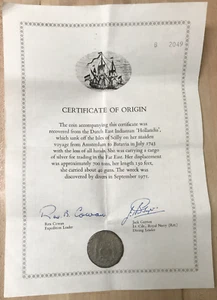 1743 MF Mexico 8 Reales Silver, Hollandia Shipwreck Coin with COA - Picture 1 of 3