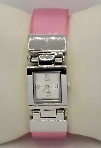 Ladies Bijoux Terner Rectangle Silver Tone Pink Plastic Cuff Analog Watch H4 - Picture 1 of 8