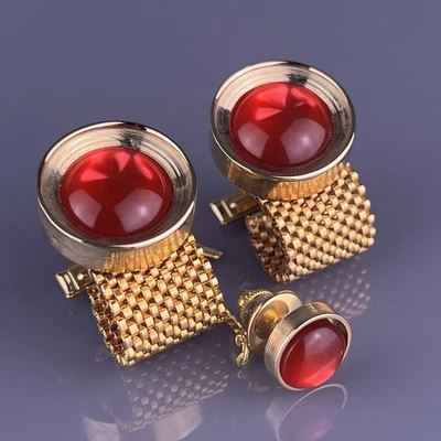 Gemelos envolventes de cabujón estrella roja tono dorado pulido redondo vintage Foto 1 de 4