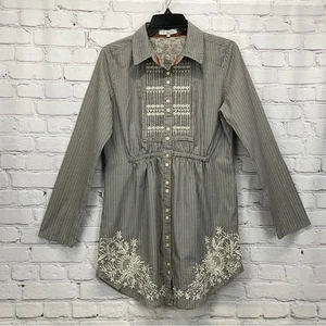 Johnny Was 3J Workshop Shirt Dress Womens Size S Gray/Tan Pin Stripe Embroidered - Picture 1 of 9