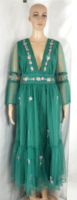 Wayward Fancies  eShakti Green Floral Embroidery Mesh Empire Dress Women's Large - Image 1 of 4
