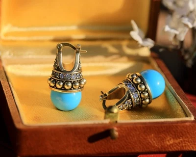 Ohrringe Klappbügel Golden Cz Byzantinischer Perle aus Glas Türkis Retro ET9 - Bild 1 von 4