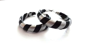 THICK SHINY BLACK AND SILVER HOOP EARRINGS WRAPPED HOOPS 2 INCH LIGHTWEIGHT - Picture 1 of 4
