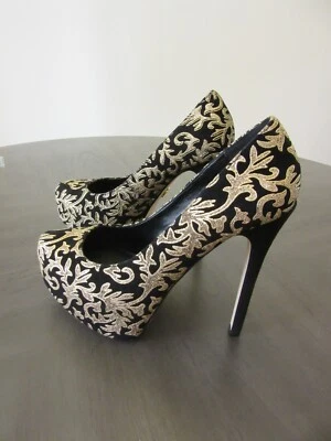 Sexy tacones para mujer BeBe de gamuza negra y brillo dorado plataforma Tessa talla 7,5 Foto 1 de 4