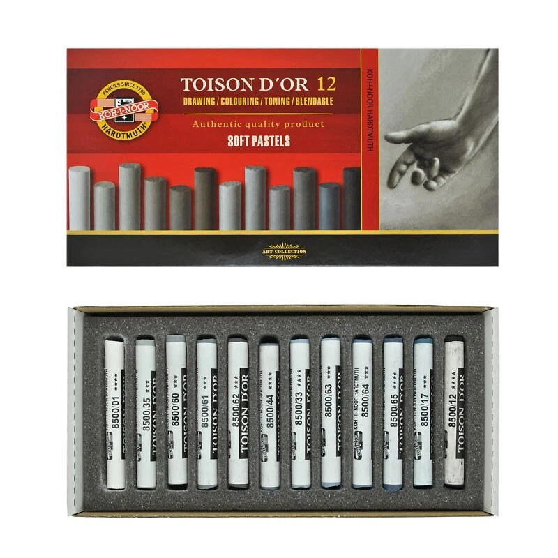 12 PASTELLKREIDEN - WEISS Graue FARBNUANCEN + SCHWARZ KOH-I-NOOR Toison DoR