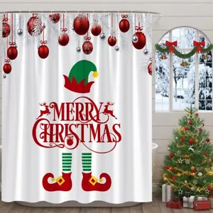 Christmas Shower Curtain Gnome Red Xmas Ball Pine Branches Elf Funny Cute Win... - Picture 1 of 5