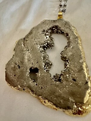 Gold Tone Silver Geode Pendant Statement Necklace Metallic Chain 32” - Image 1 of 4