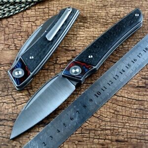 Drop Point Folding Knife Pocket Hunting Survival D2 Blade Titanium Carbon Fiber
