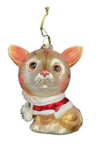 Orange Tabby Cat Glass Ornament Christmas Sweater Big Brown Eyes - Picture 1 of 8