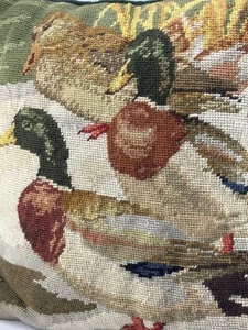 VTG Needlepoint Throw Pillow Mallard Ducks Velvet 15X15 Rustic Decor Pillow 222 - Picture 1 of 6