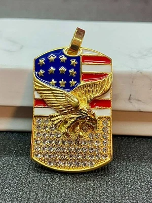 14k Gold Tone Iced Luxury Patriotic USA Eagle Red White Blue Pendant Foto 1 de 4