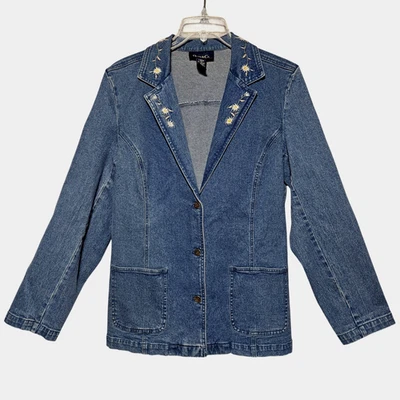 Denim & Co Women's Embroidered Daisy Denim Jacket Blazer Large Boho Cottagecore - Image 1 of 4