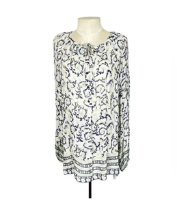 NUEVO SIN ETIQUETAS MARCA DE LA SUERTE Blusa Top Campesina Talla L Estampado Borde Cerradura Cuello Corbata - Imagen 1 de 8