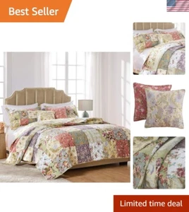 Cotton Patchwork Reversible Quilt Set Full/Queen 5-Piece - Picture 1 of 9