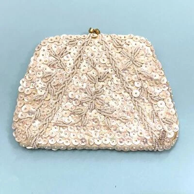 Bolsa de mão vintage mini branca iridescente com miçangas lantejoulas beijo fechadura bolsa floral - Imagem 1 de 4