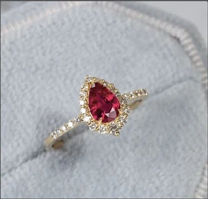 14k Yellow Gold Plated 3.20 Ct Pear Cut Simulated Red Ruby Halo Engagement Ring - Picture 1 of 3