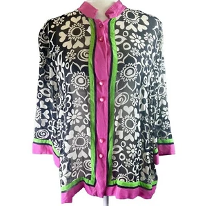 Bob Markie Wearable Art Women’s Black Pink Retro Button Up 100% Silk Sheer Artsy - Picture 1 of 13
