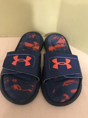 Under Armour Unisex Kids Slides Blue/Orange Loop &nHook Closure size 4Y - Image 1 of 4